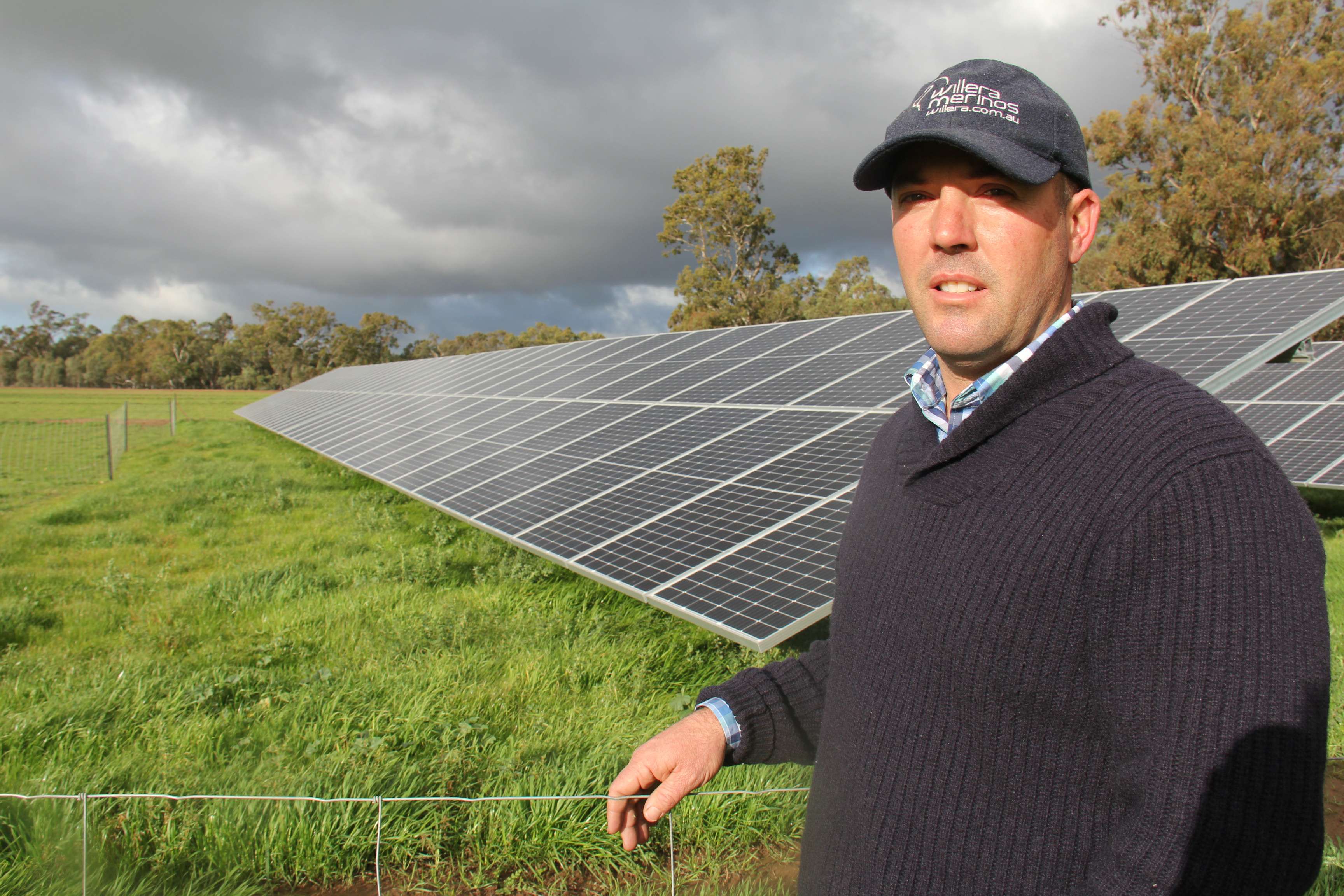 Karl Hooke with solar panels on his Serpentine farm. Karl Hooke with solar panels on his Serpentine farm.